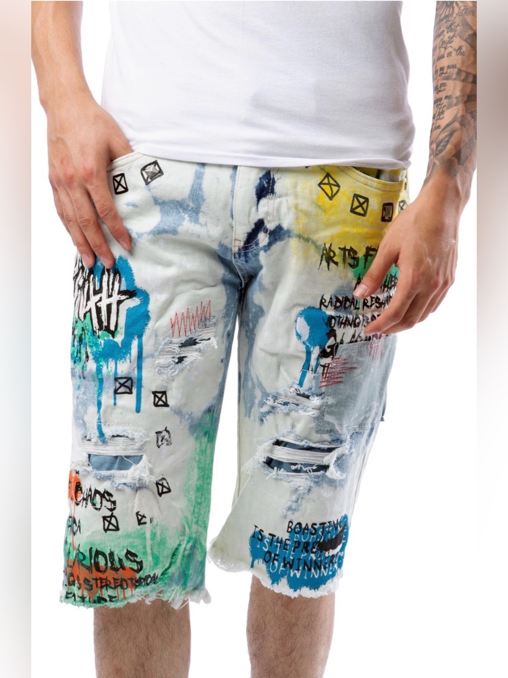 Smoke Rise Riot Jean Shorts Distressed Graphic Patched SZ 34 Summer Blue